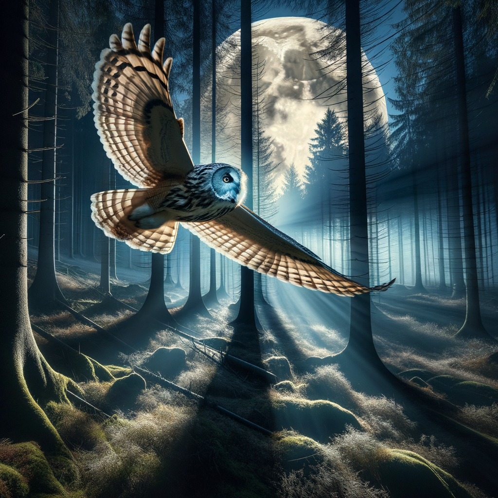 Majestic owl navigating moonlit forest, showcasing exceptional spatial awareness and territory mapping skills.