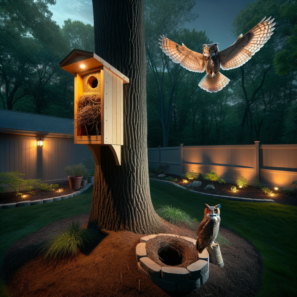 Serene backyard at dusk with an owl nesting box and a great horned owl, illustrating how to attract owls to your property with an owl-friendly habitat.