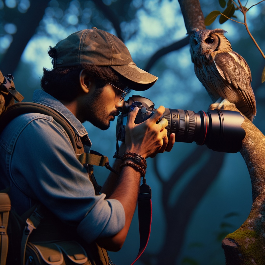 Professional wildlife photographer using ethical techniques to observe a majestic owl at dusk in its natural habitat.