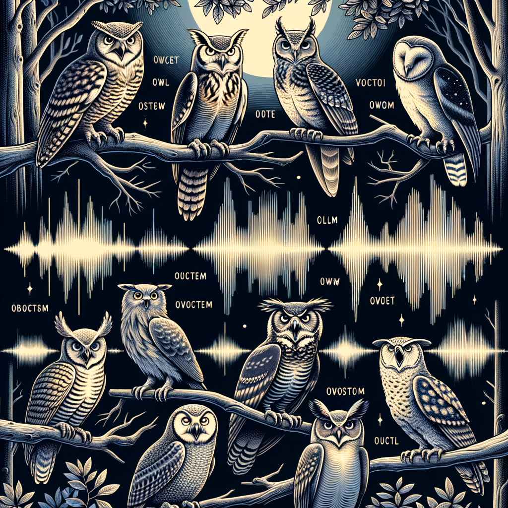 Illustration of various owl species with sound waves showing their unique calls in a moonlit forest, highlighting owl call identification and nocturnal bird vocalizations.