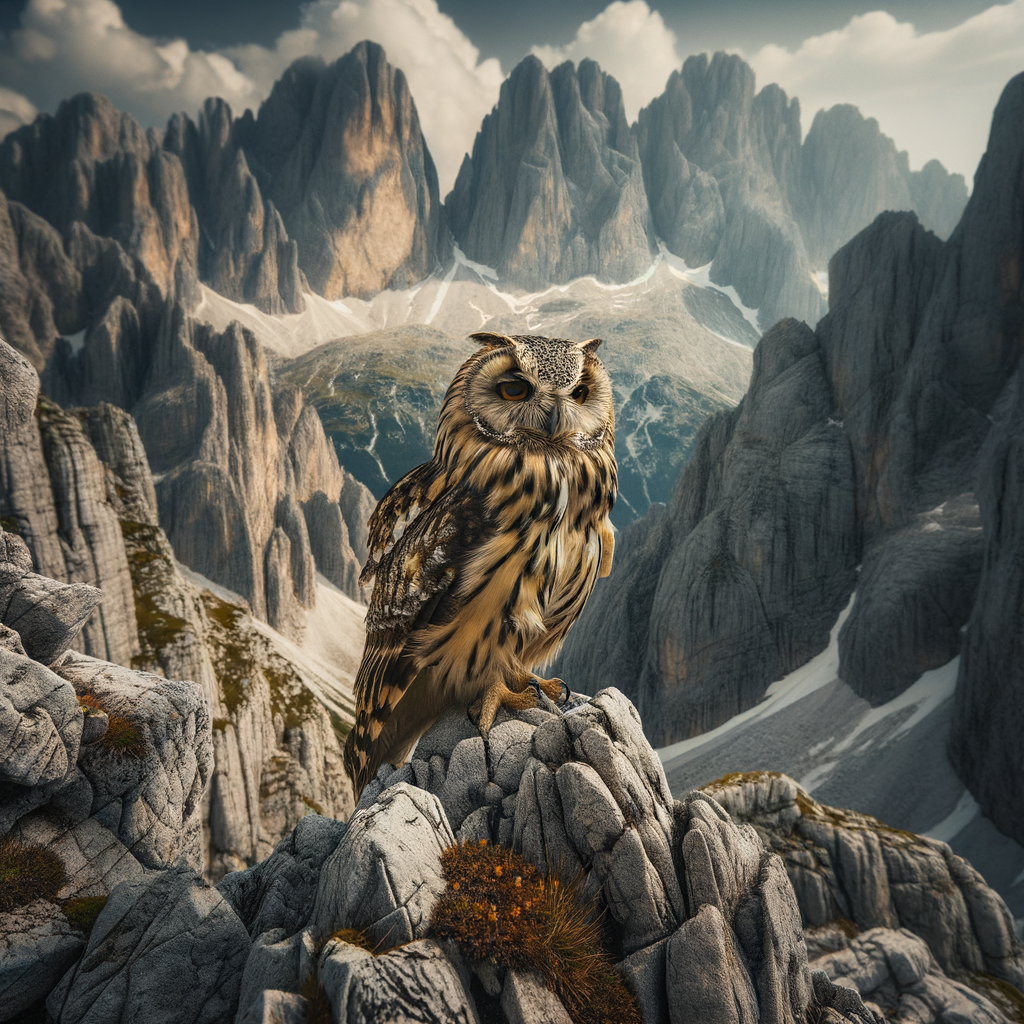 Mountain owl showcasing camouflage on rocky ledge with snow-capped peaks, highlighting high altitude adaptations and survival strategies.