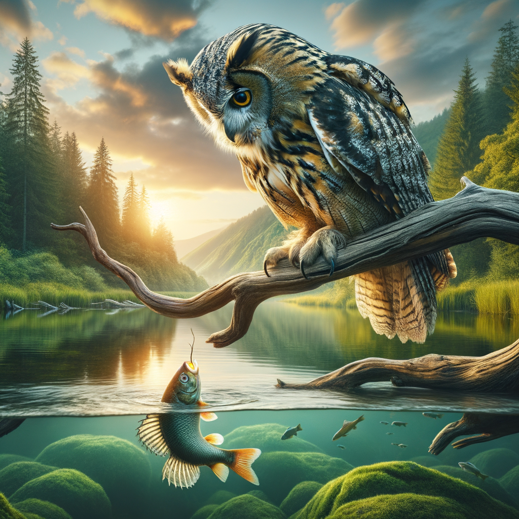Majestic owl perched over a serene wetland, showcasing owl predation on fish and its impact on aquatic ecosystems.