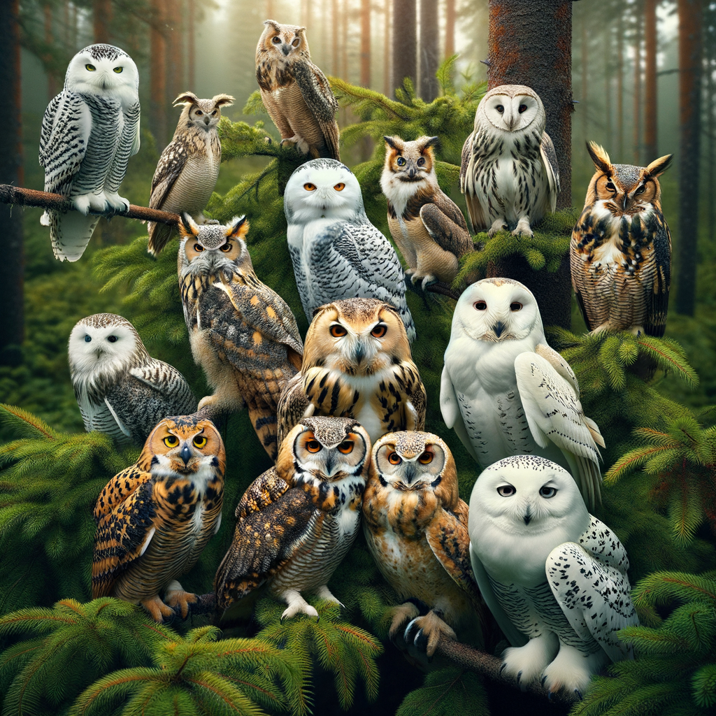 A diverse group of owl species in a lush forest, illustrating owls' role in biodiversity, ecological balance, and the importance of habitat preservation and conservation efforts.