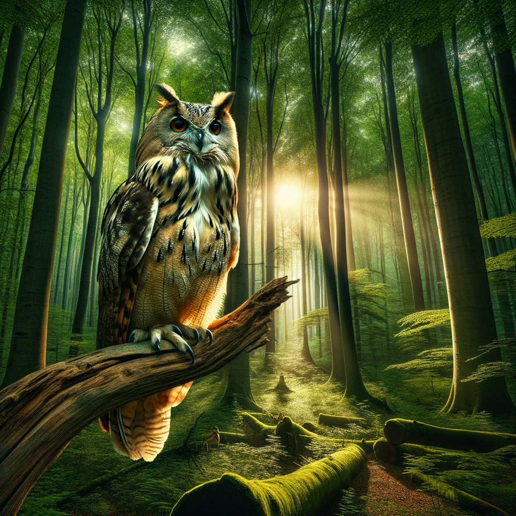 Majestic owl perched in dense forest, highlighting owl predation effects and its role in local ecosystems, biodiversity, and pest control.