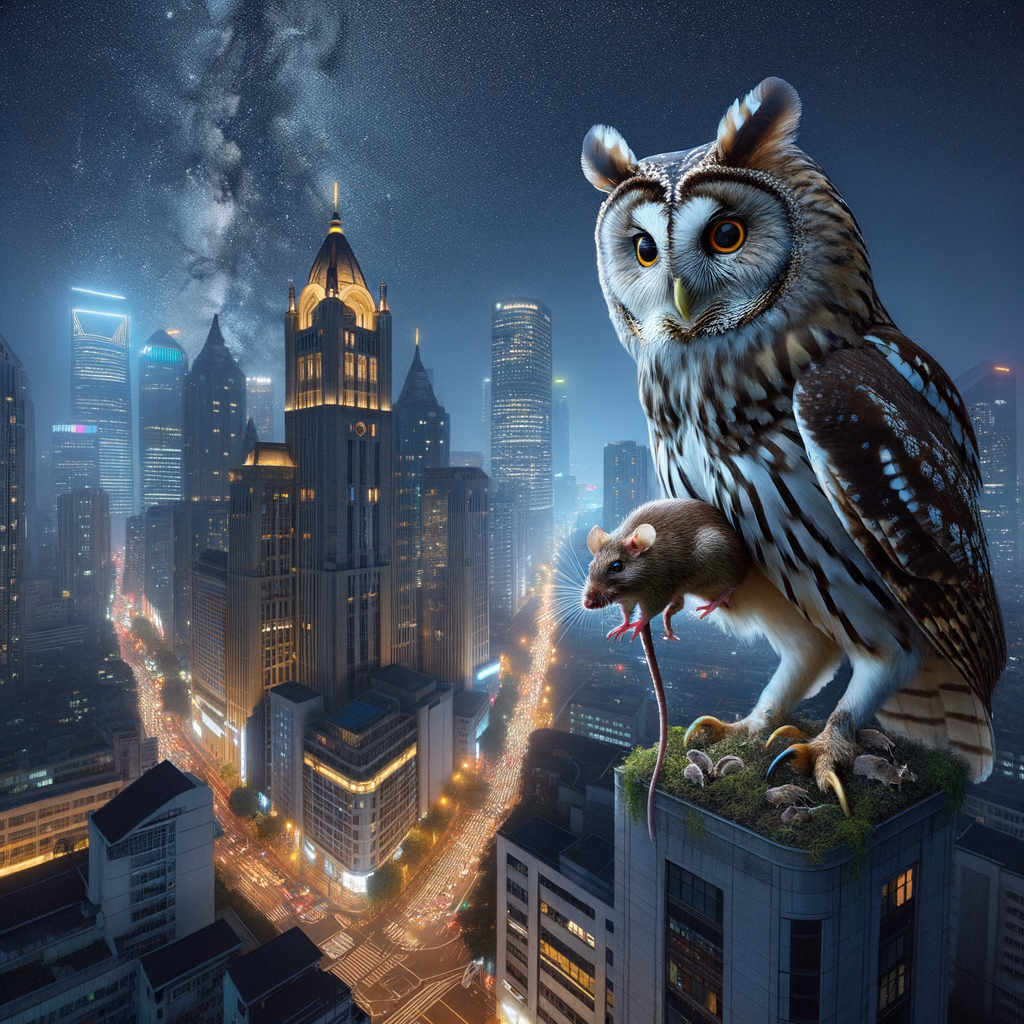 Urban owl capturing rodent on city building, showcasing natural pest control and urban wildlife management.