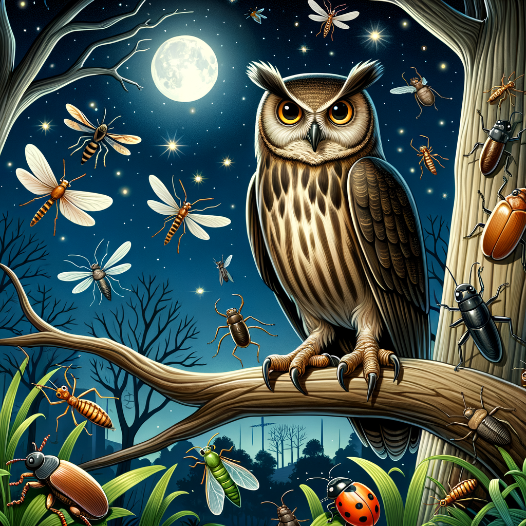 Nocturnal owl on a tree branch surrounded by insects, highlighting its role in natural pest control and reducing insect populations.