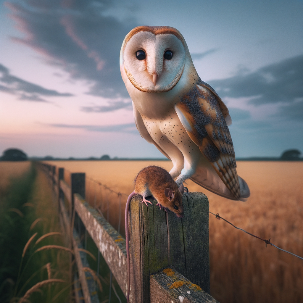 Barn owl perched on a fence post at dusk with a mouse in its talons, showcasing owls as natural pest controllers and their benefits in sustainable farming.