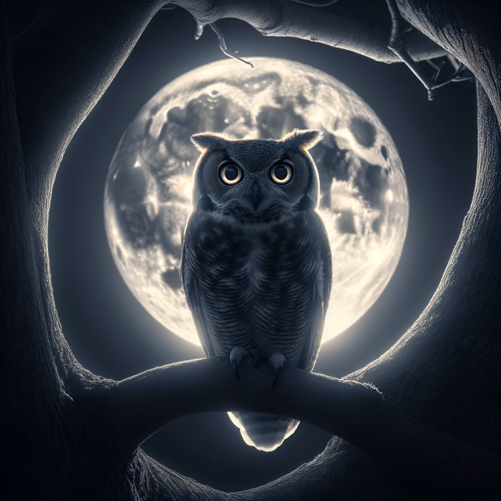 Owl perched on a tree branch under a moonlit sky, showcasing its exceptional night vision and hunting prowess, highlighting owl eye structure and adaptation for detecting prey in darkness.