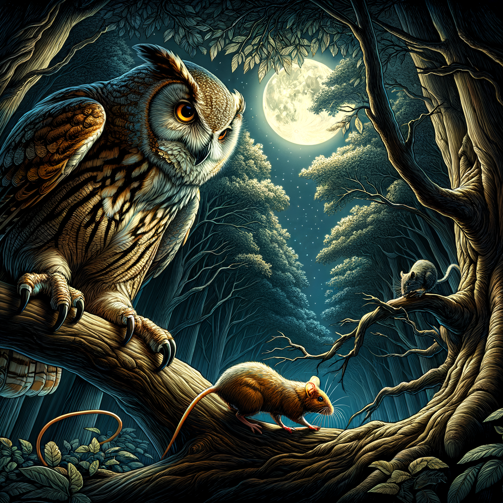Nocturnal scene of an owl perched on a tree, observing a rodent, showcasing predator-prey dynamics and owl influence on prey behavior.