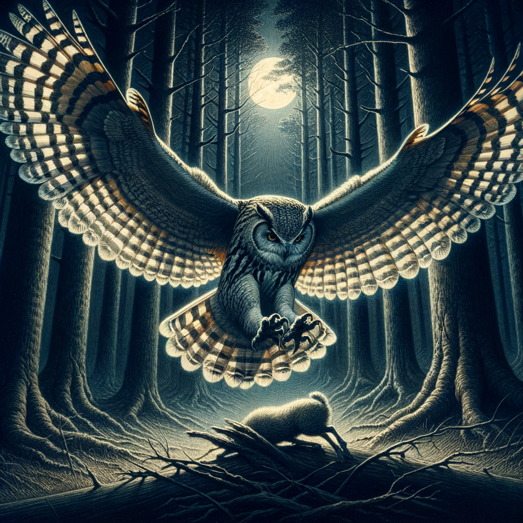 Nocturnal owl in mid-flight capturing prey in a moonlit forest, showcasing silent flight and sharp vision, highlighting unique hunting adaptations and efficiency.