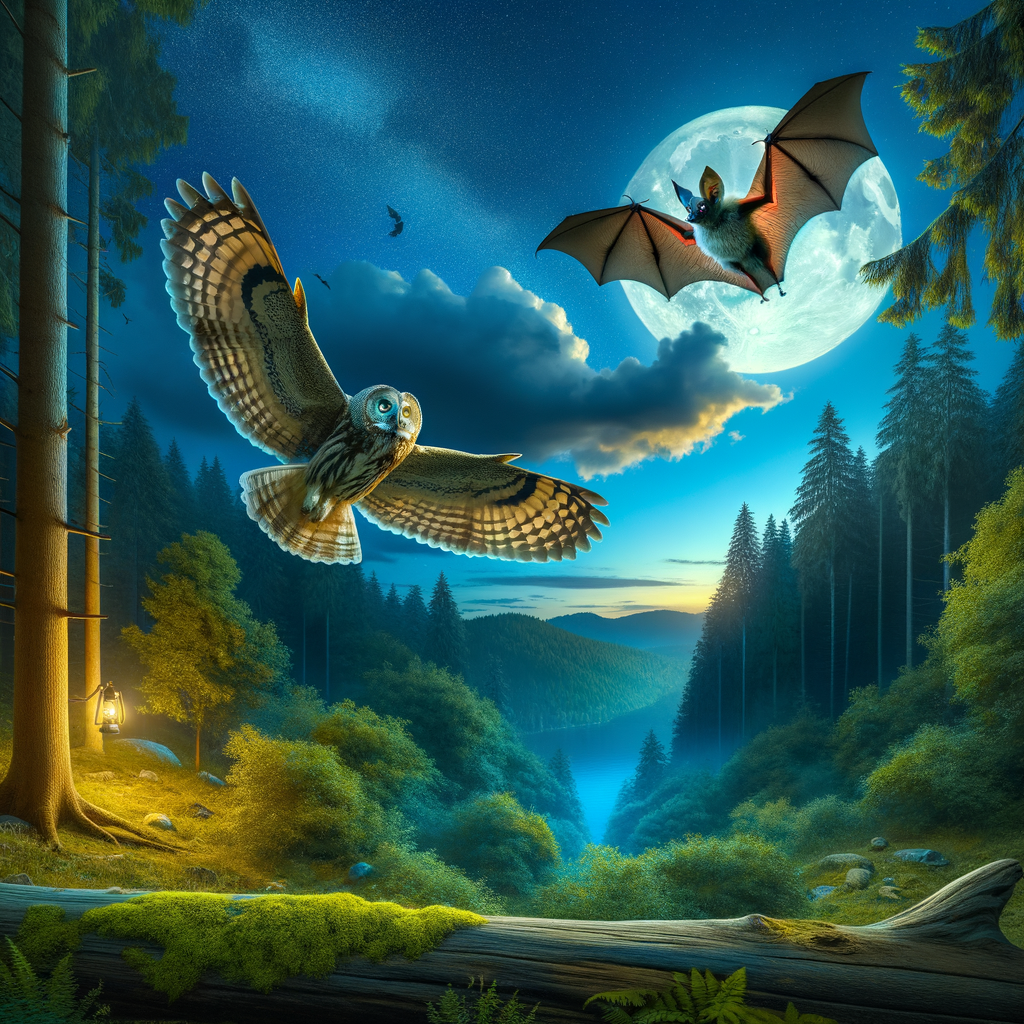 Owls and bats flying under a moonlit sky in a dense forest, illustrating their nocturnal interaction, habitat overlap, and predator-prey dynamics.