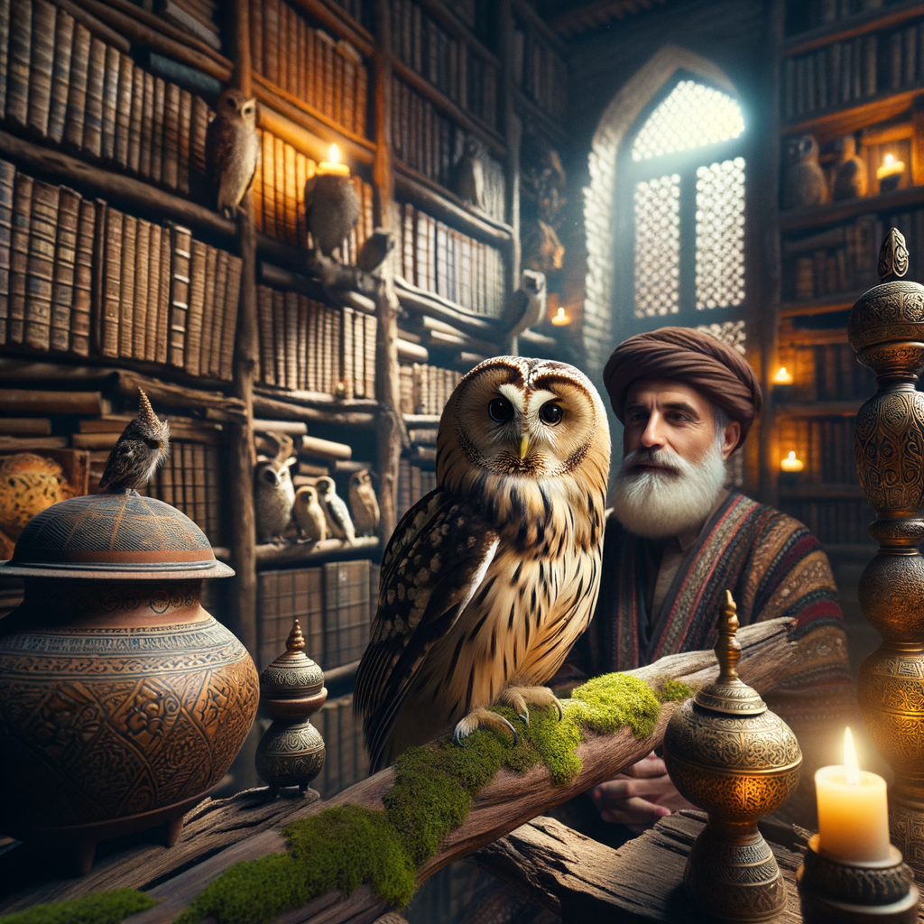 Wise owl perched near a human figure with ancient books, symbolizing the deep historical and cultural relationship between owls and humans.