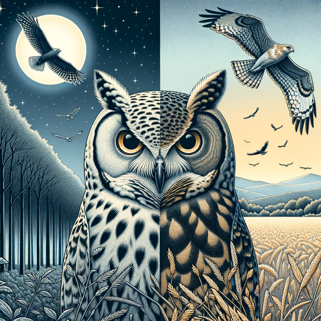 Illustration of owls and raptors relationship, comparing nocturnal owl and diurnal raptor hunting techniques and habitats.