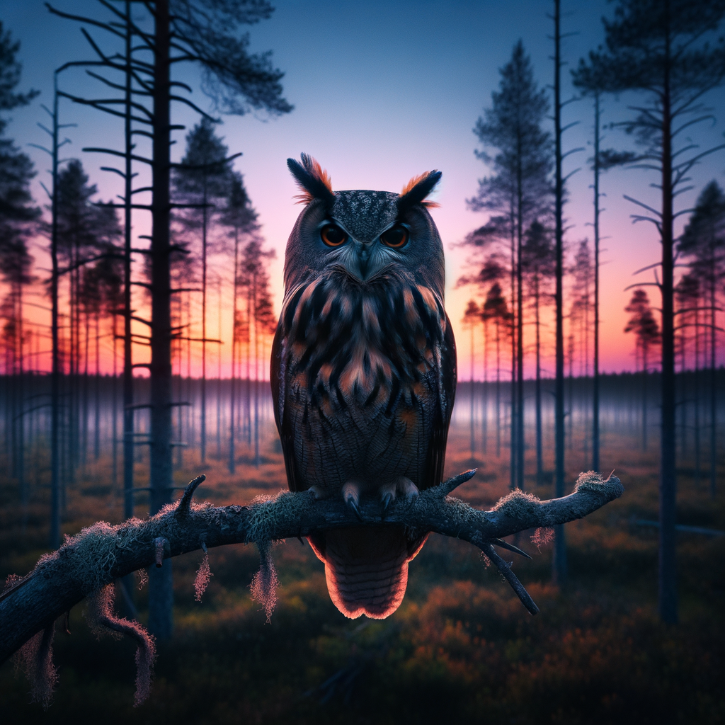 Majestic owl perched at dusk, symbolizing owls in early warning systems and environmental monitoring over a vast forest landscape.