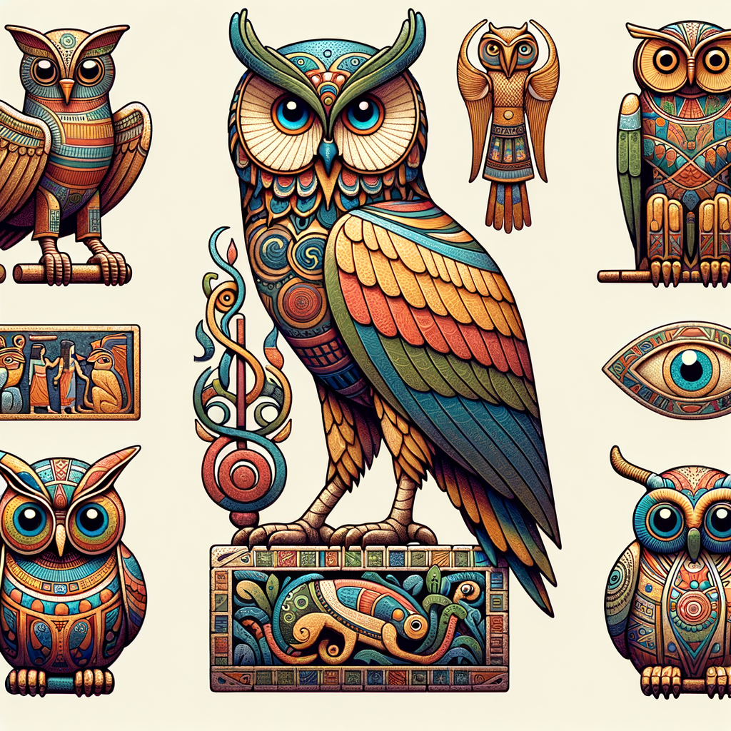 Illustration of owls in ancient mythology, showcasing their symbolic meanings in Egyptian, Greek, Roman, and Native American cultures.