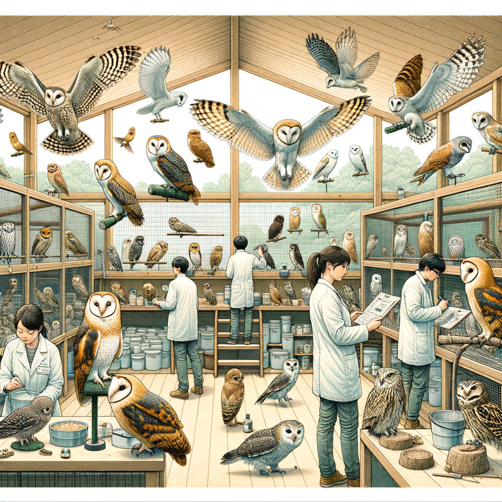 Illustration of various owl species in a spacious aviary, showcasing natural behaviors and interactions, with caretakers providing enrichment activities and observing their health and diet in captivity.
