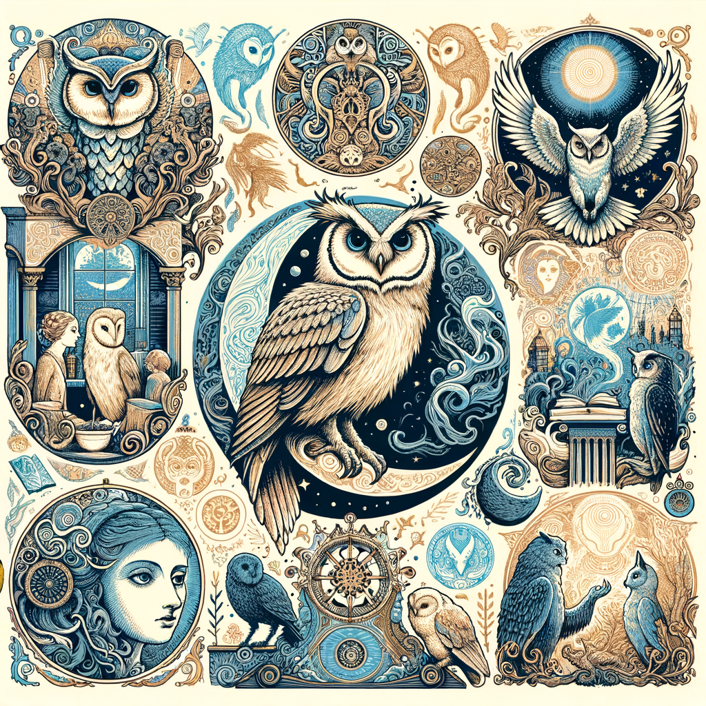 Artistic depictions of owls highlighting their symbolism in literature, mythology, folklore, and poetry, showcasing their cultural significance and literary symbolism.