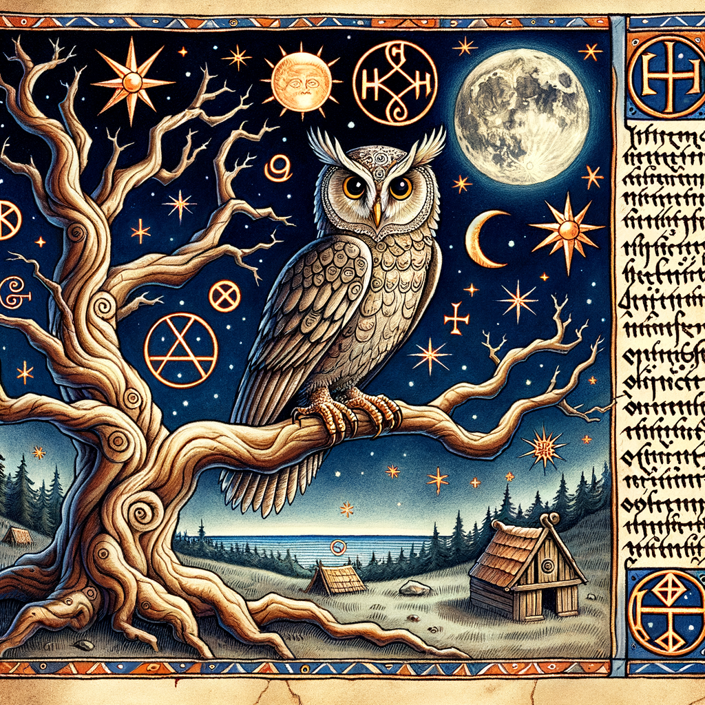 Medieval manuscript illustration of an owl on a tree branch under a moonlit sky, surrounded by mystical runes, highlighting medieval owl symbolism and superstitions in European folklore.