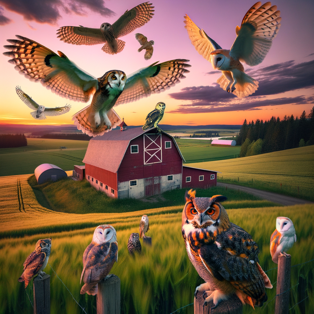 Picturesque farm at dusk with owls on posts and flying, illustrating