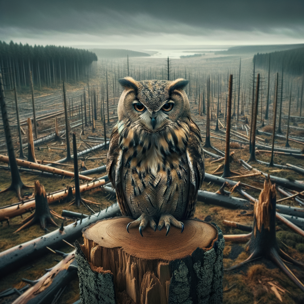 Solemn owl on tree stump in deforested area, illustrating the impact of deforestation on owl habitats and the urgent need for forest conservation.