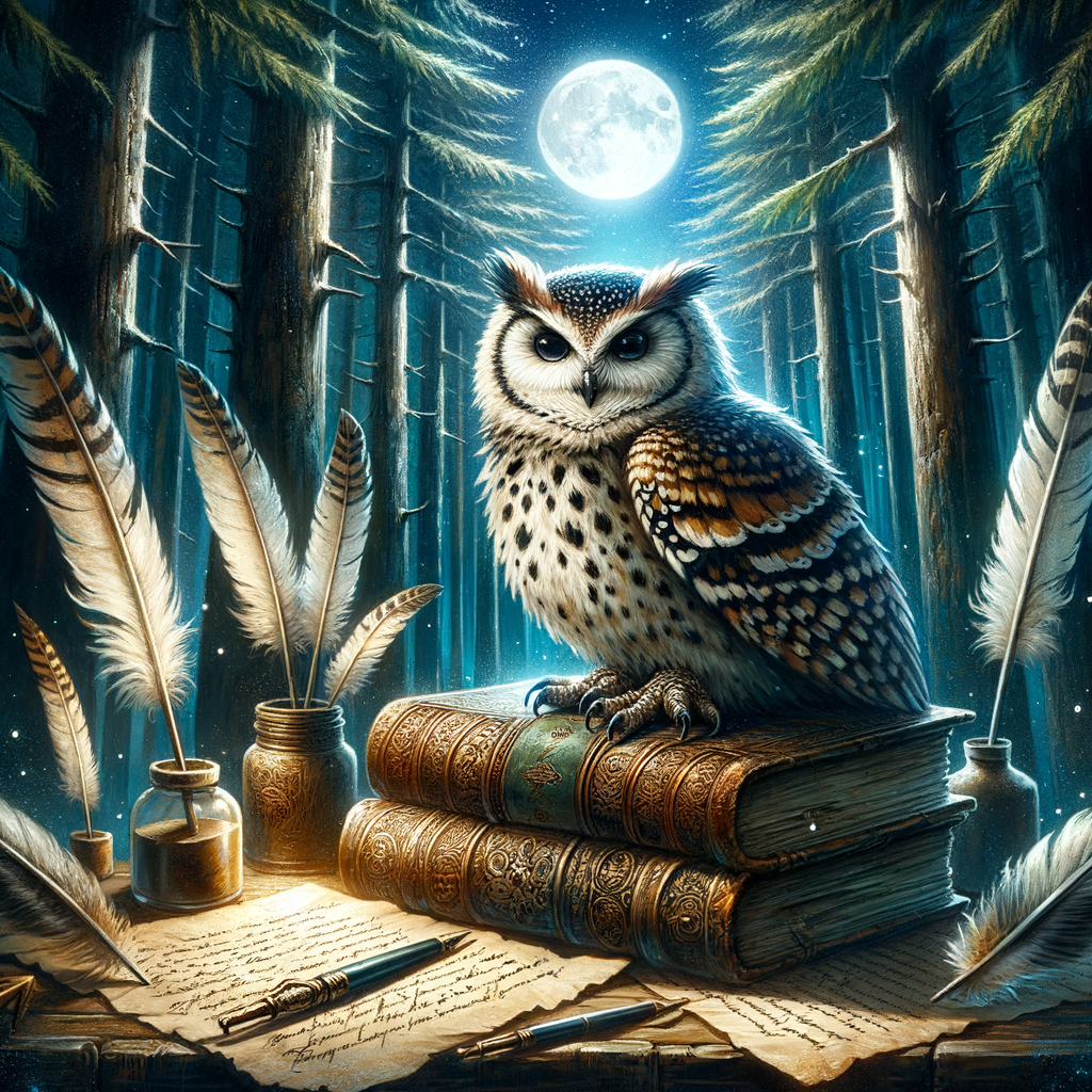 Majestic owl perched on ancient book with quill pens and parchment, symbolizing owls in literature and poetry against a moonlit forest backdrop.