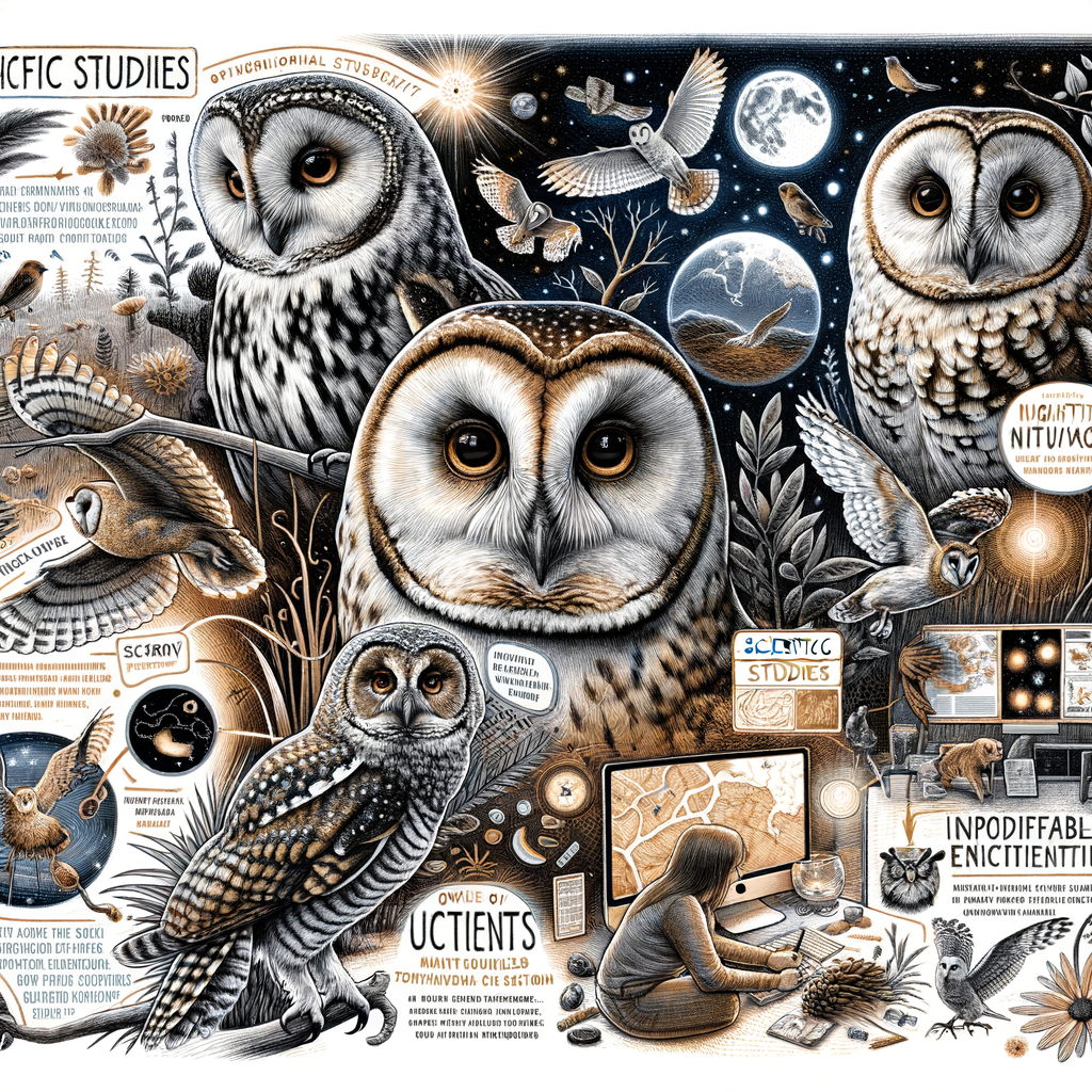 Illustration of owl species in natural habitats, emphasizing nocturnal behavior, physiology, and conservation for scientific research.