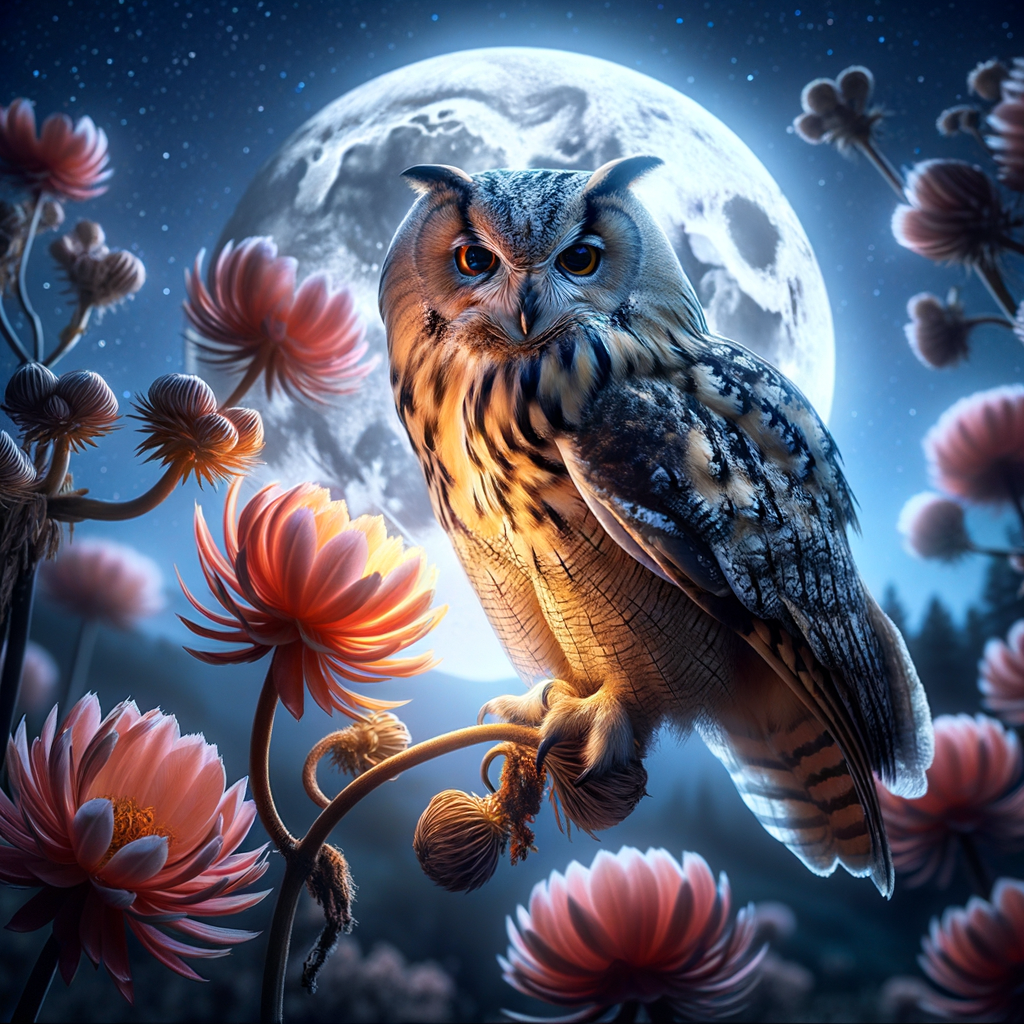 Majestic owl perched on a flowering plant under moonlit sky, highlighting its role in nighttime pollination and interactions with night-blooming flowers.