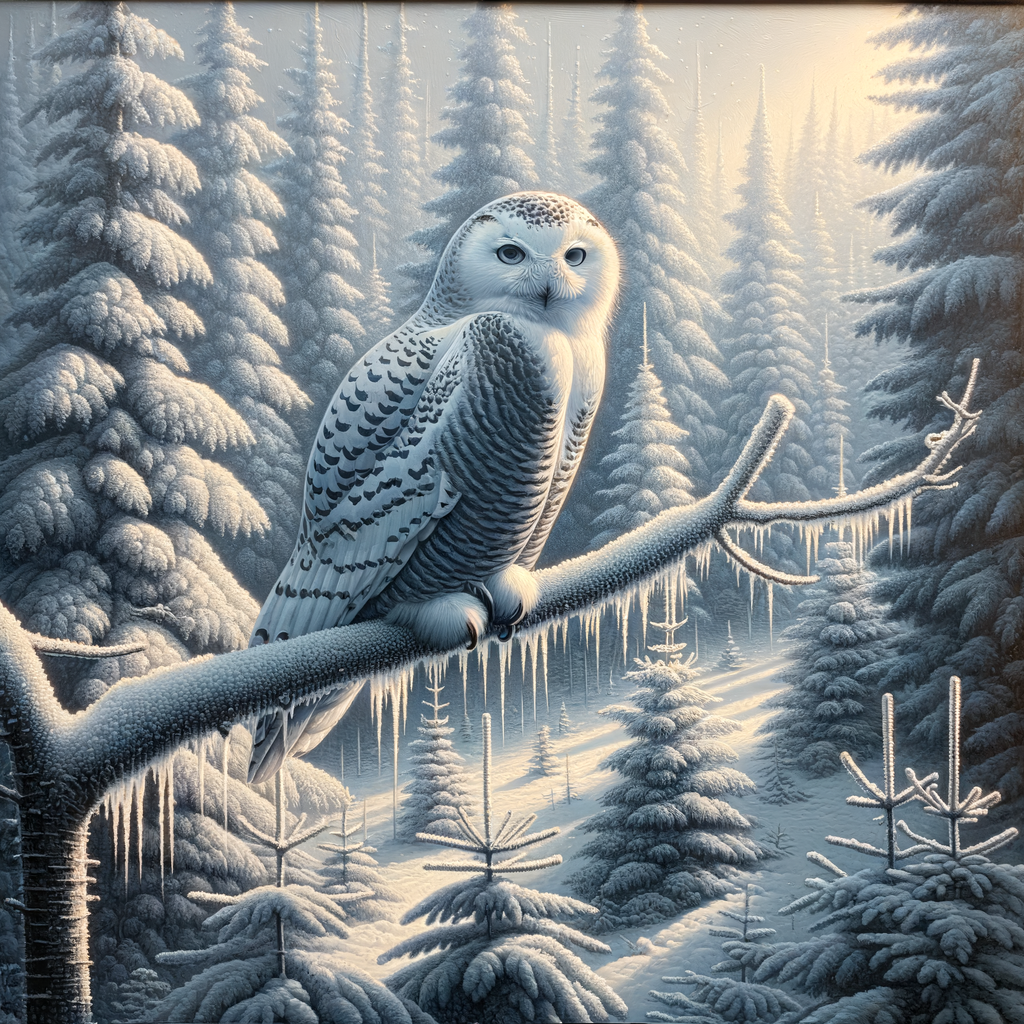 Snowy owl perched on a frosty branch in a winter forest, illustrating owl seasonal adaptation and behavior changes amidst habitat challenges.