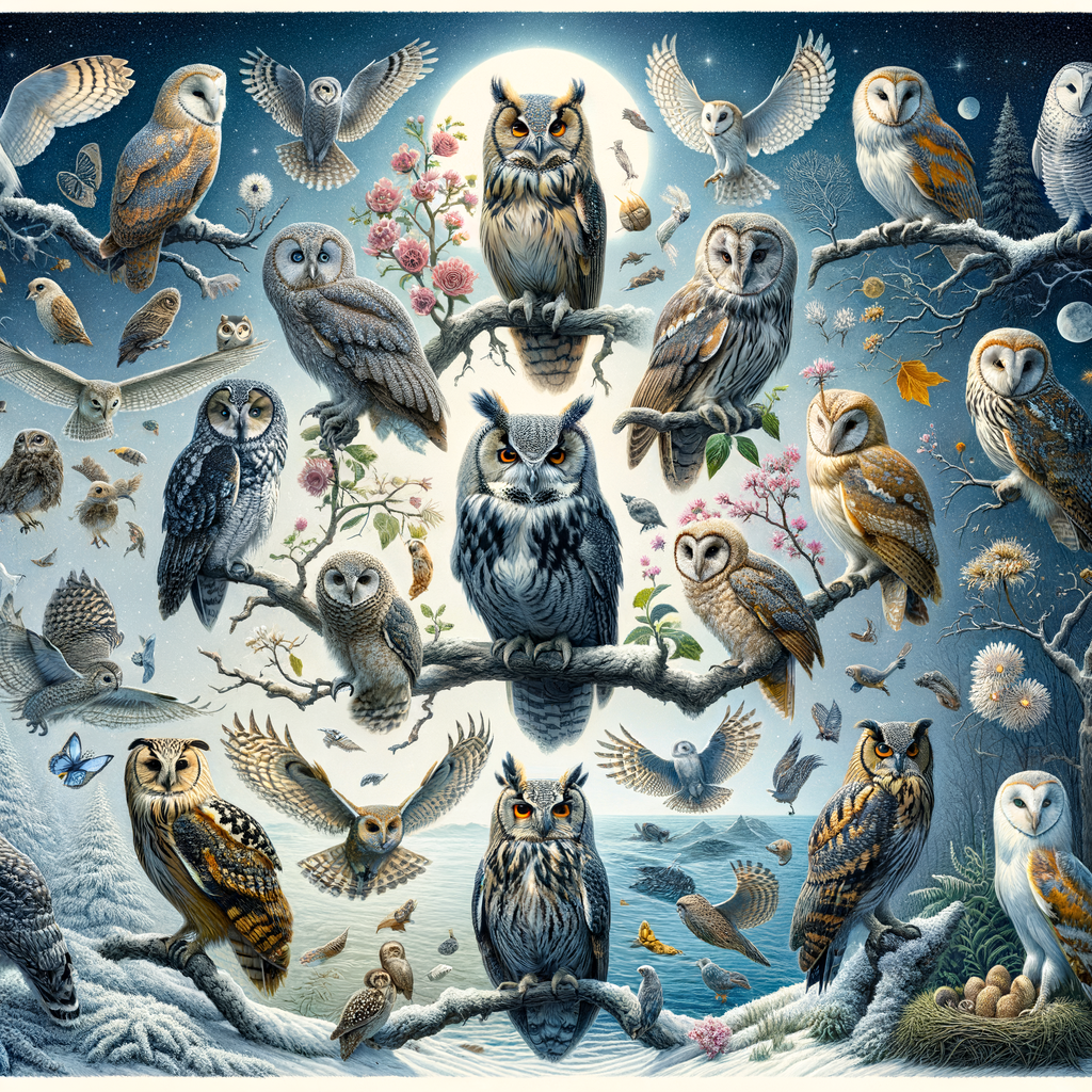 A diverse group of owls showcasing seasonal behaviors such as migration, nesting, hunting, and territorial displays, highlighting changes from winter to summer.