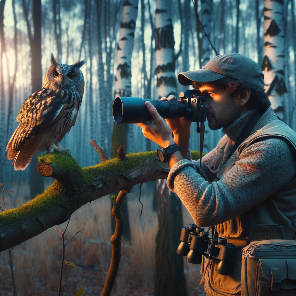 Professional birdwatcher observing an owl at dusk in a forest, showcasing owling techniques and nocturnal birdwatching for 'The Art of Owling: Tips and Techniques'.