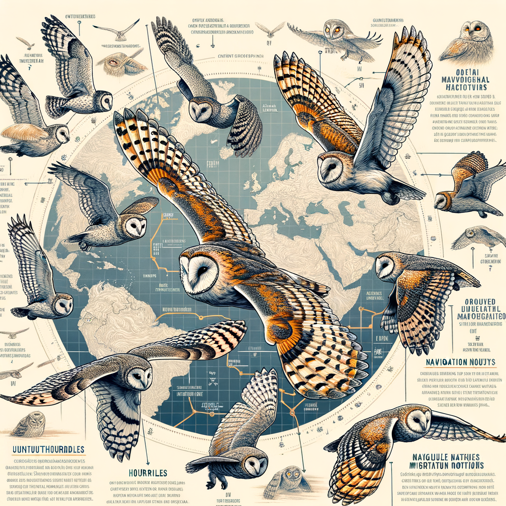Illustration of owl species in flight, depicting their migration routes and challenges, based on recent owl tracking studies for 'The Mysterious Migration Patterns of Owls'.