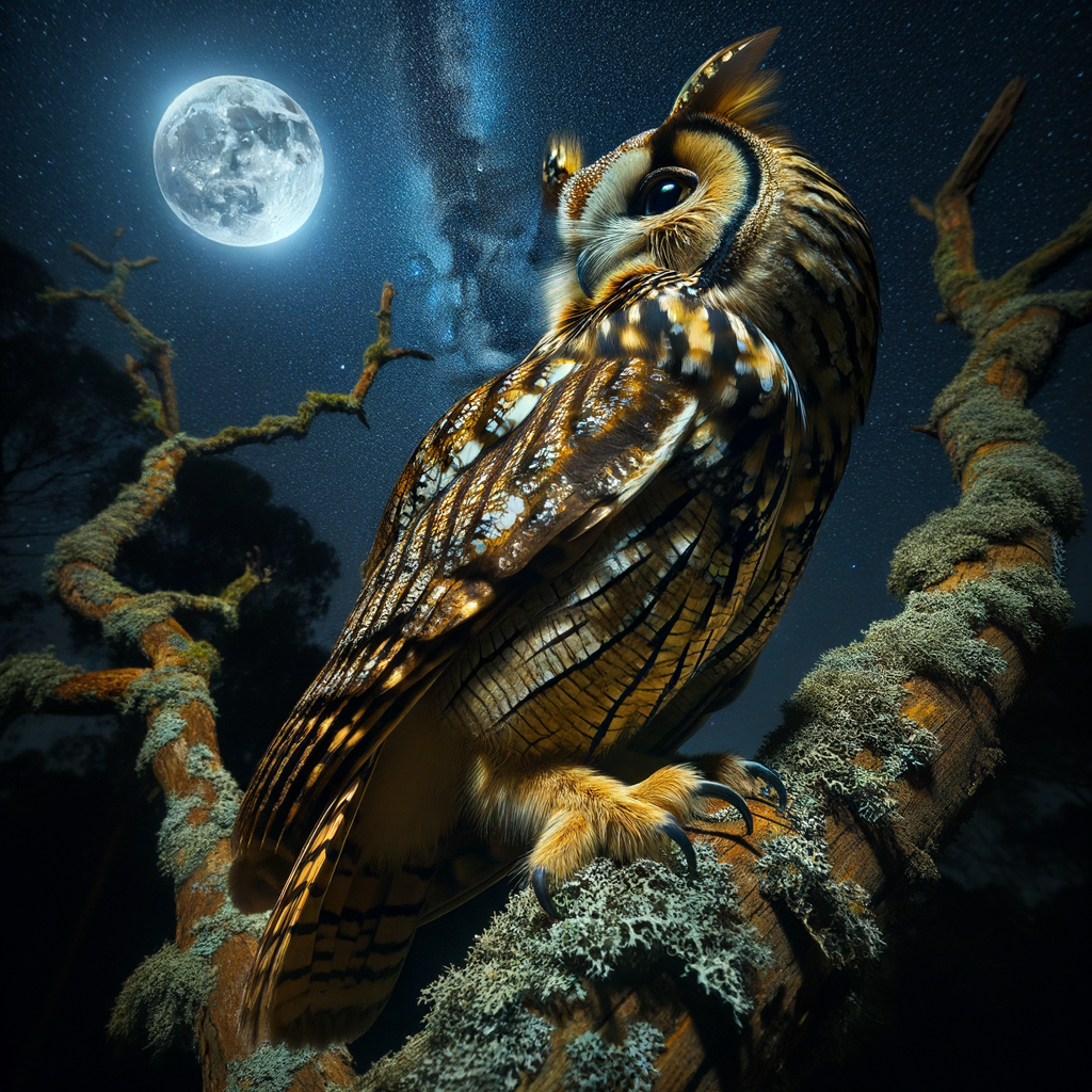 Nocturnal owl perched on a tree branch under a moonlit sky, highlighting owl night vision, hunting techniques, and unique nocturnal adaptations.