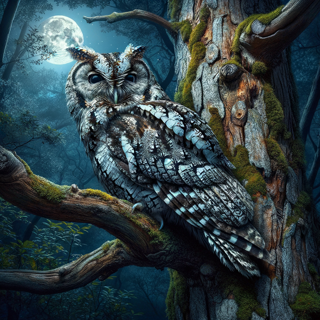Nocturnal owl showcasing advanced camouflage techniques by blending with tree bark and foliage in its natural habitat.