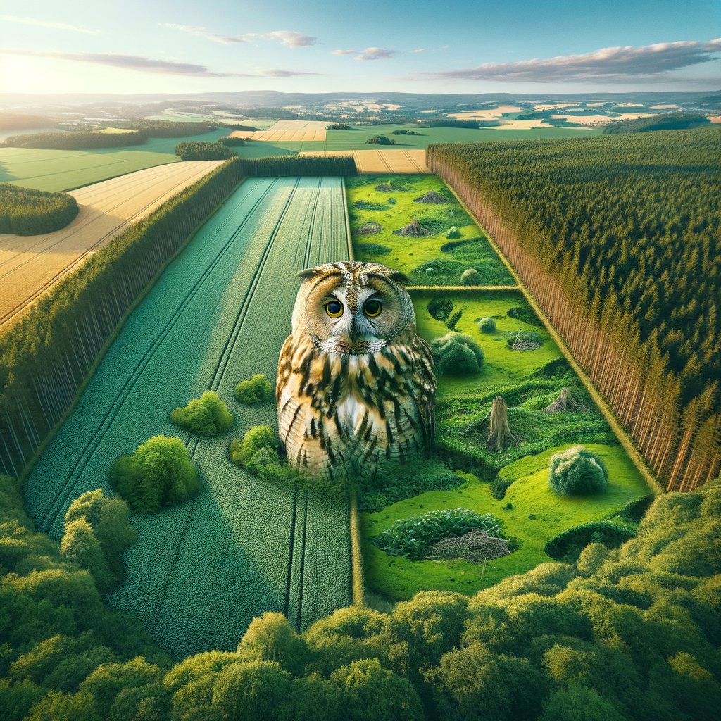 Serene rural landscape illustrating agriculture effects on owls, highlighting owl habitat destruction and the need for sustainable farming for owl conservation.