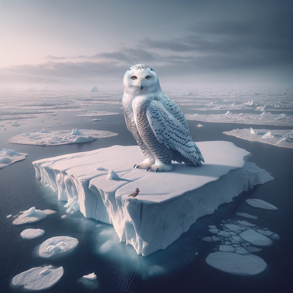 Snowy owl perched on melting ice cap in barren landscape, highlighting climate change effects on owl populations and habitats.