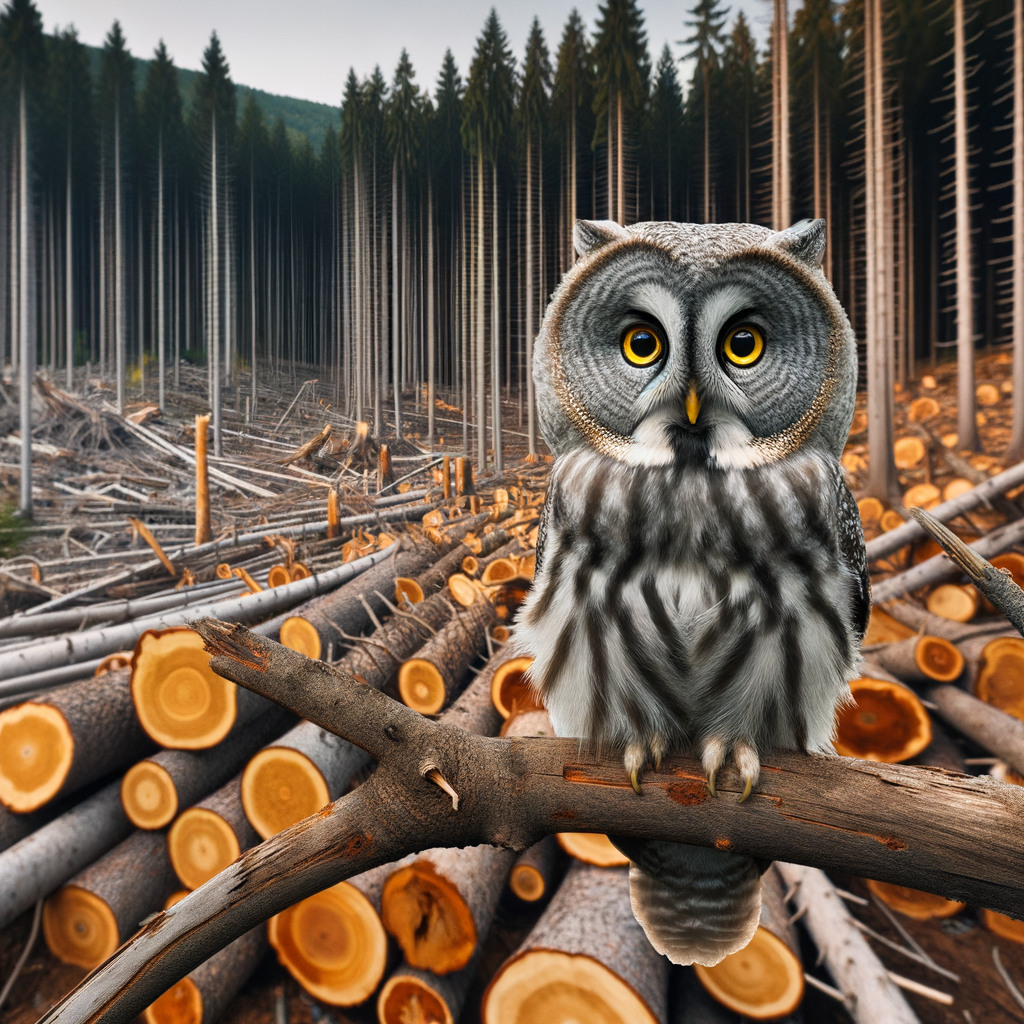 Owl perched on a tree branch in a fragmented forest, highlighting the impact of habitat loss and deforestation on owl species and the urgent need for conservation efforts.