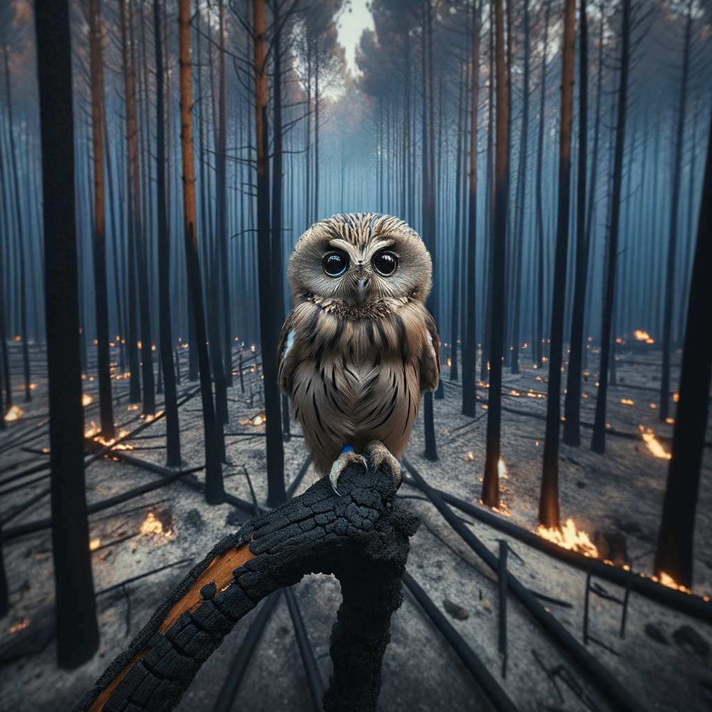 Charred forest with a displaced owl on a burnt branch, highlighting wildfire effects on owls and urgent conservation needs.