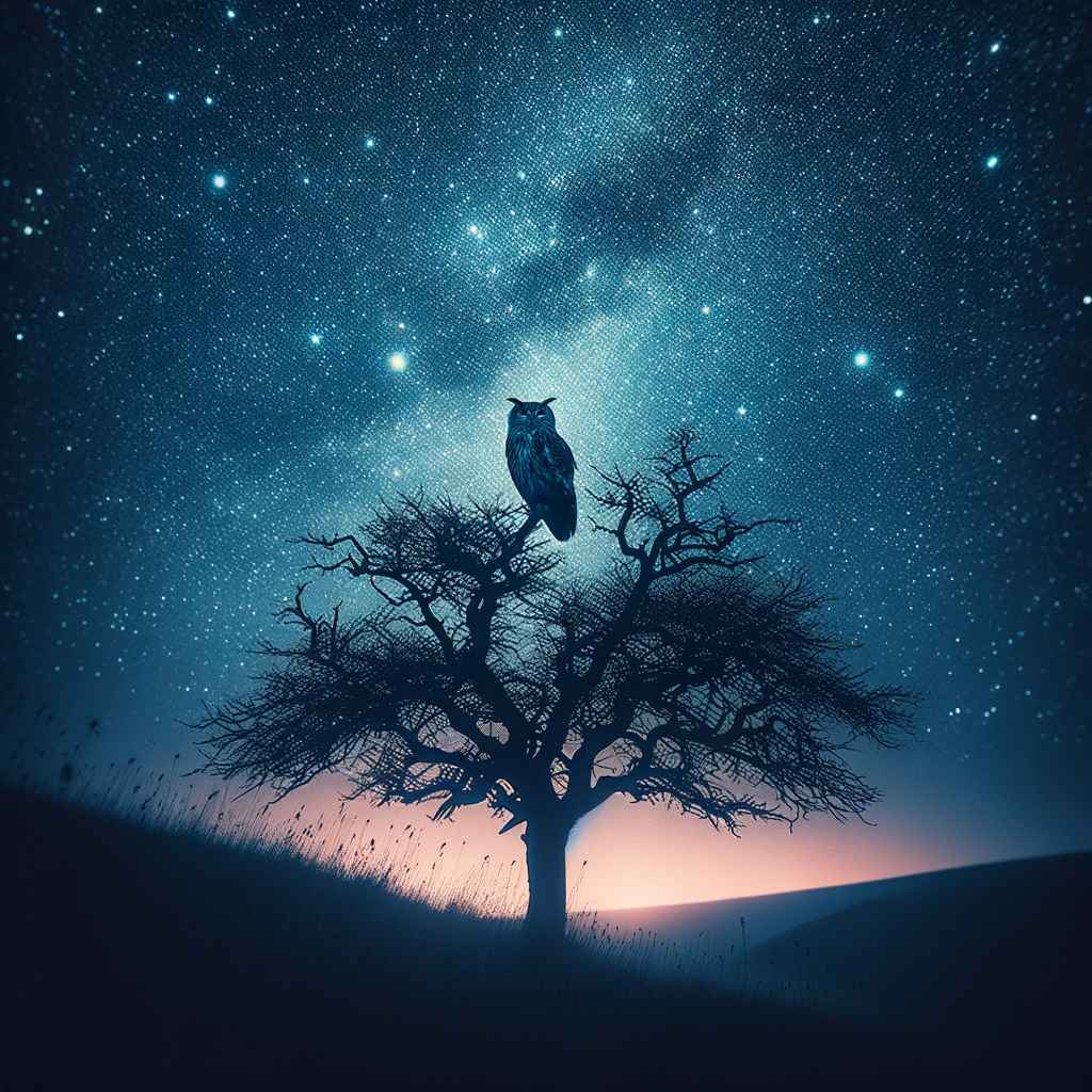 Owl perched on a tree branch under a star-filled night sky, illustrating dark skies benefits for owls and the importance of reducing light pollution for owl habitat preservation and nocturnal wildlife conservation.