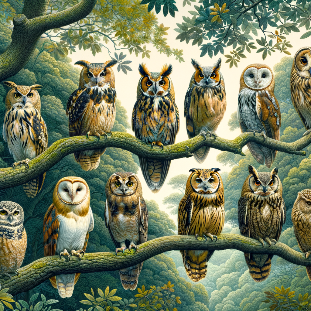 A serene forest scene with diverse owl species perched on branches, emphasizing owl conservation, habitat preservation, and protection efforts for future generations.