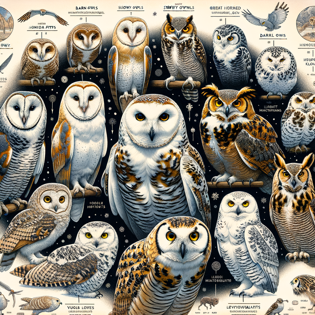Illustration of various owl species, including barn, snowy, and great horned owls, labeled with their average lifespan, set against a natural habitat highlighting factors affecting owl lifespan for 'The Lifespan of Different Owl Species' article.