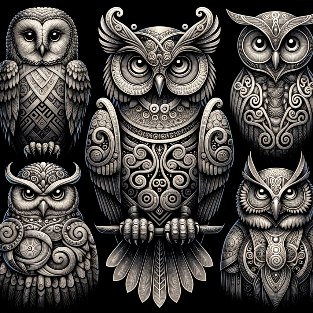 Illustration of owl symbolism in various cultures: Greek wisdom, Egyptian protection, Celtic mystery, and Native American spiritual guidance.