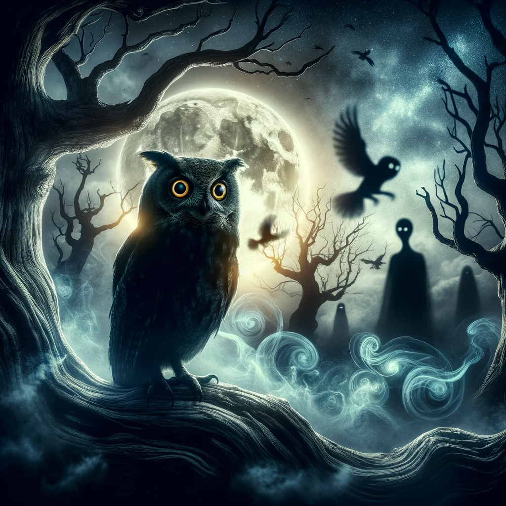 Mystical owl perched on an ancient tree under a moonlit sky, symbolizing owl superstitions and folklore about owls in mythology and cultural beliefs.