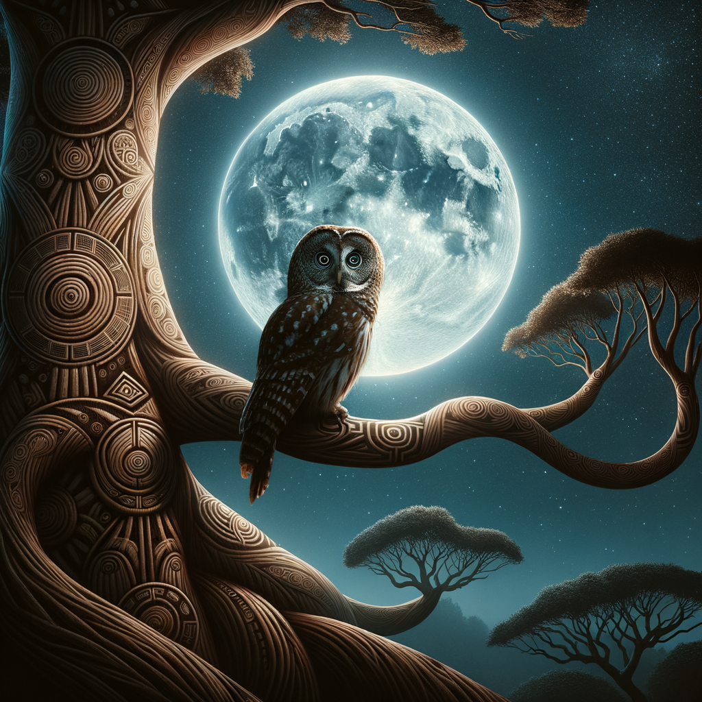 Owl perched on a tree branch under a moonlit sky, surrounded by Indigenous symbols, highlighting its spiritual significance in Native American mythology and folklore.
