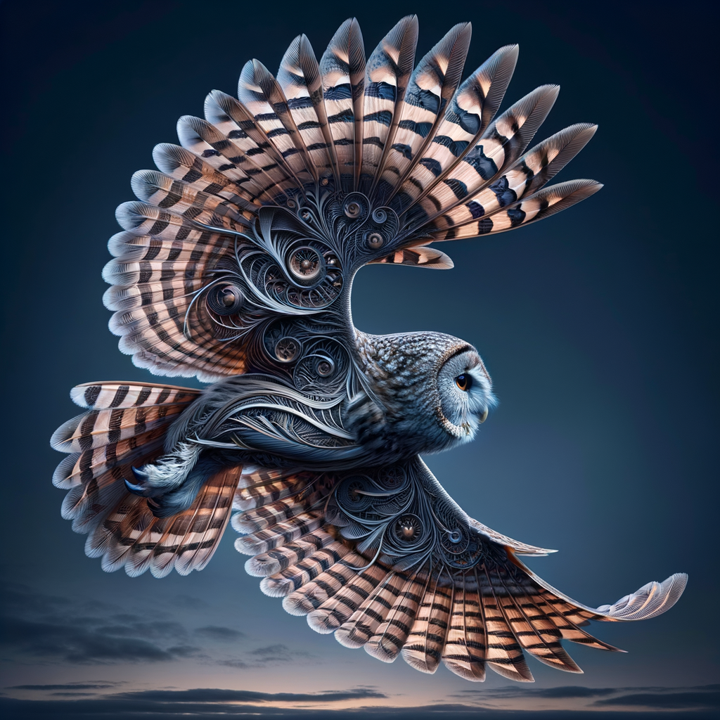 Majestic owl in mid-flight showcasing intricate wing structure and aerodynamics, highlighting silent flight mechanics and efficiency crucial for nocturnal hunting against a twilight sky.