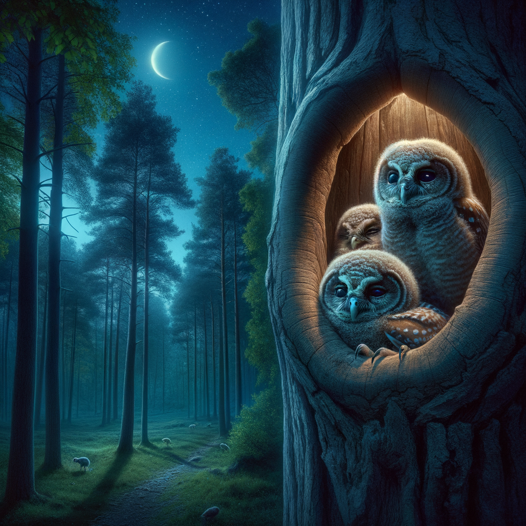 A serene nighttime forest scene from 'The Secret Lives of Owlets' showcasing baby owls in their tree hollow, highlighting owlet behavior, habitats, diet, development, and survival skills amidst predators.