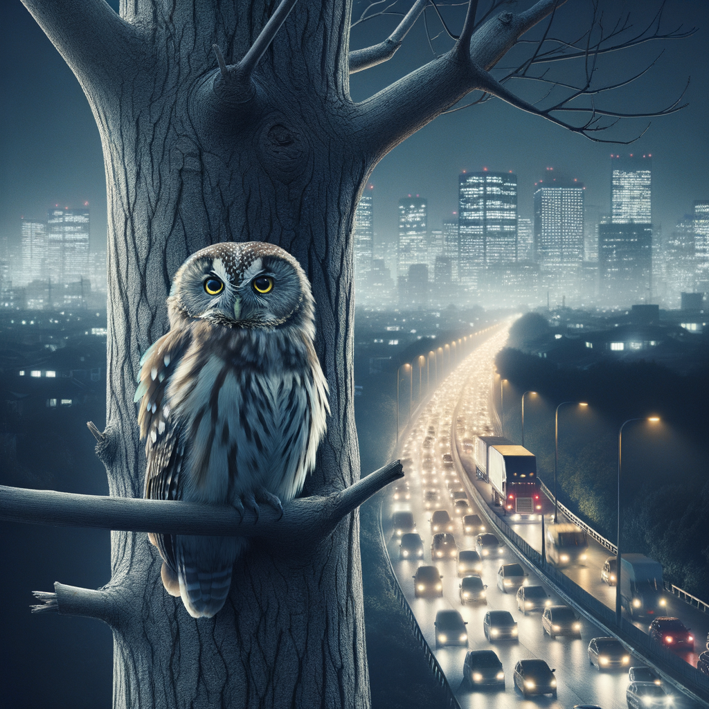 Owl perched on a tree branch at night amidst urban noise pollution, highlighting the auditory impact on owls and their natural habitats.