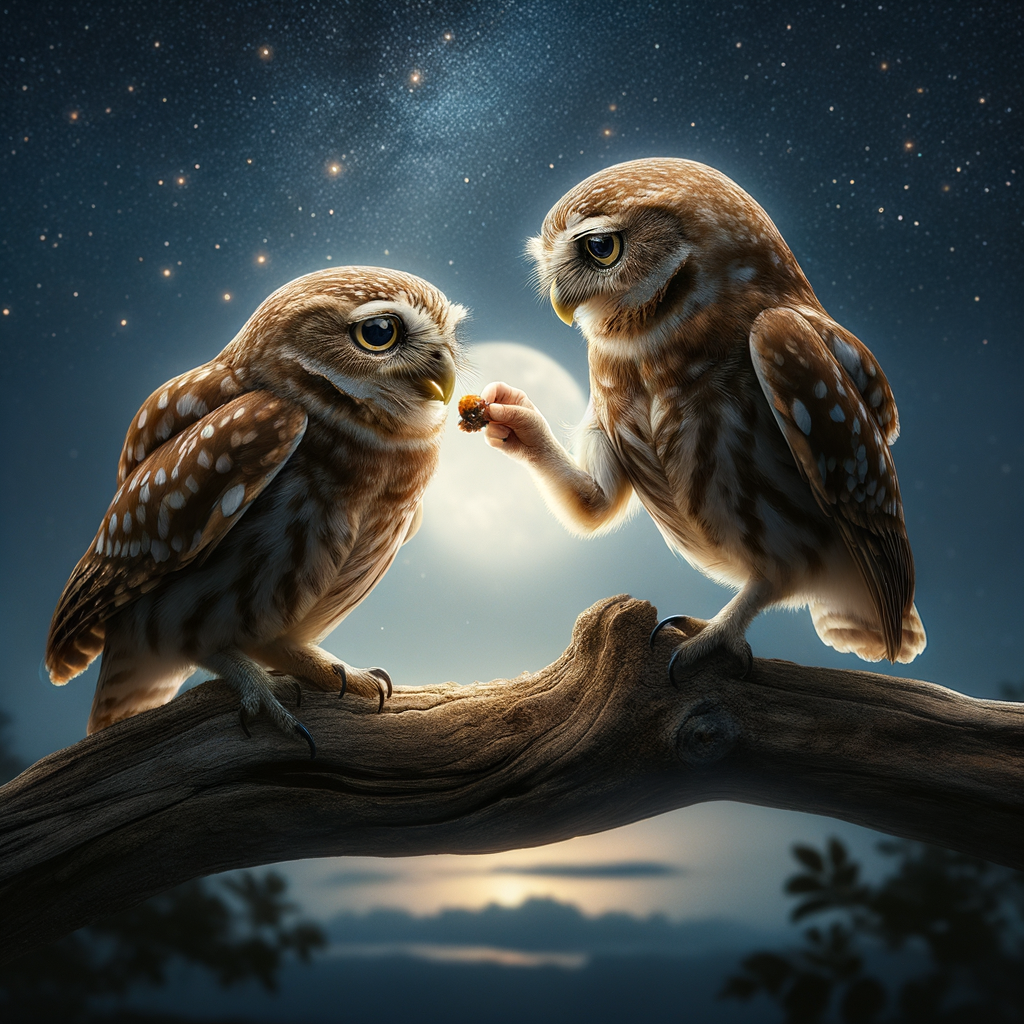 A pair of owls engaged in a courtship display under the moonlit sky, highlighting Owl mating behaviors and romantic rituals for 'The Unique Courtship Rituals of Owls'.