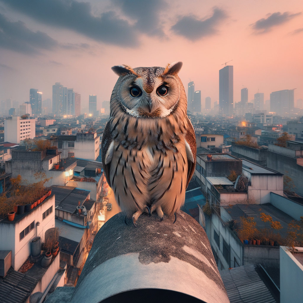 Owl perched on a city rooftop at dusk, showcasing urban owl feeding habits and diverse diet in urban environments.